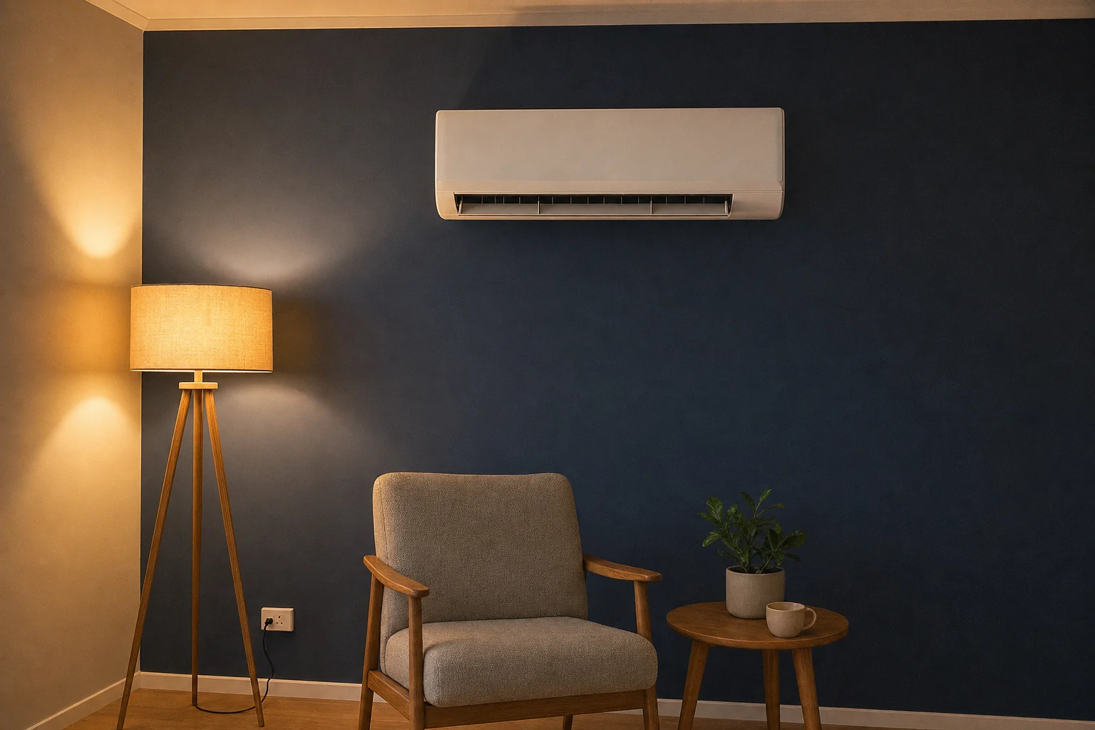 Wall-hung split system air conditioning head on a navy feature wall in a warmly lit living room