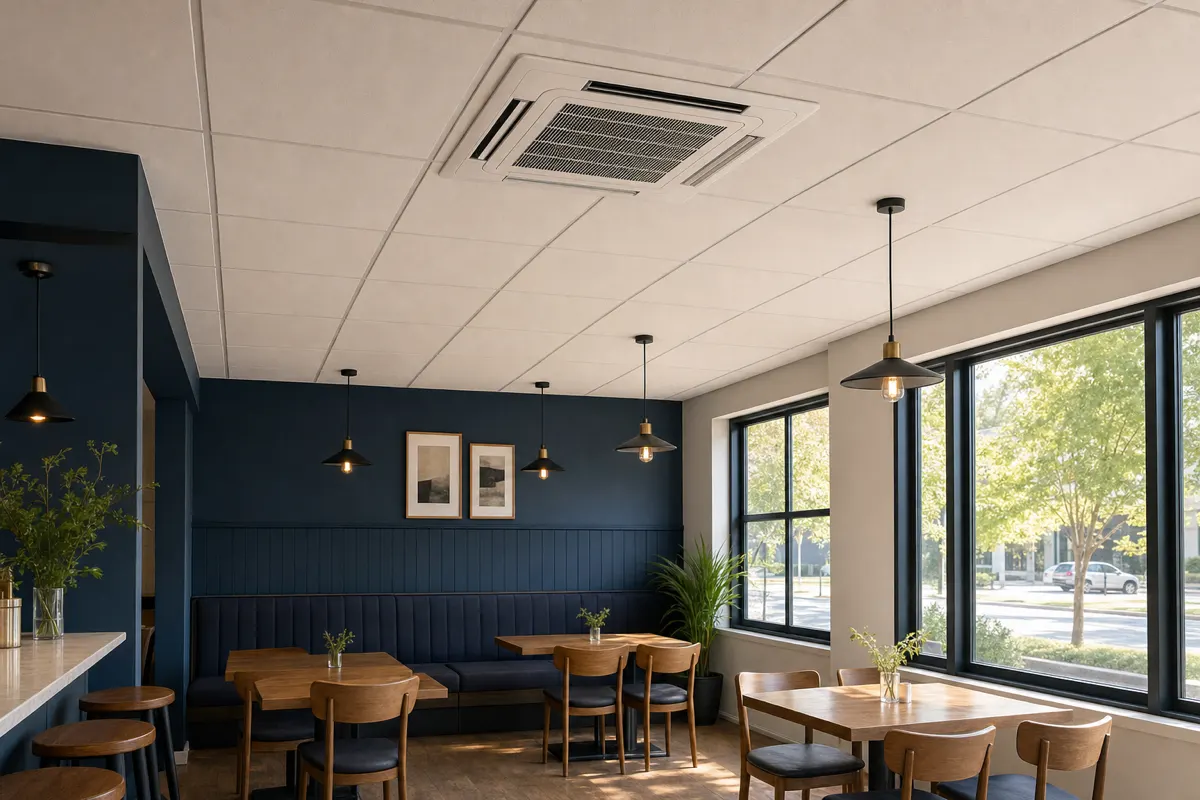 Ceiling cassette air conditioner above the timber tables of a modern cafe