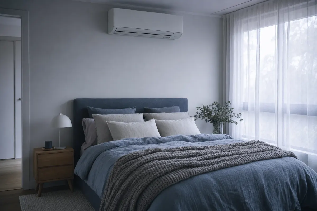 Split system above the bed of a calm bedroom on a cold winter morning