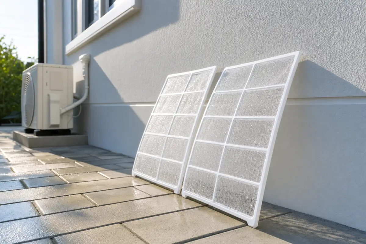 Two freshly washed air conditioner filters drying in the sun against a rendered wall